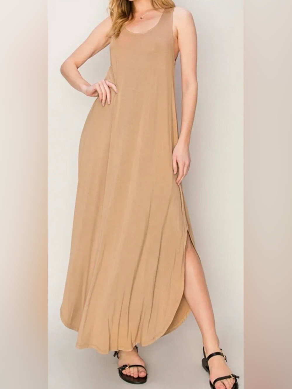 HYFVE Soft Sleeveless Tan Maxi Dress – Casual Tank Style - Medium